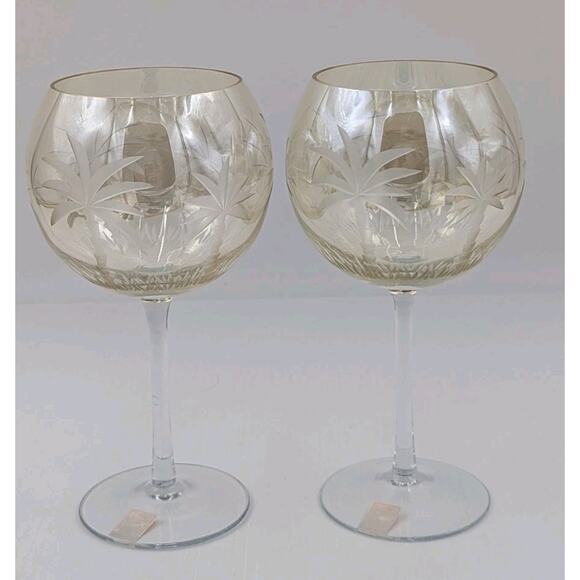 Royal Danube Other - 2 Royal Danube Etched Palm Tree Yellowish Luster Balloon Wine Glasses 9" Goblets